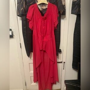 Off shoulder sheer high low blouse hot pink.